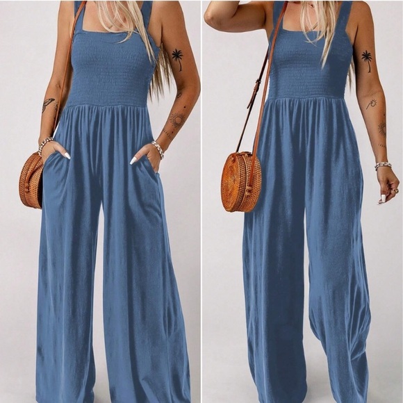 Boho smocked bodice wide leg wide straps cami jumpsuit navy blue - Picture 7 of 8